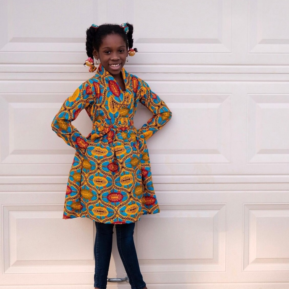 Girls African Ankara long sleeve wrapping dress - Picture 2 of 6